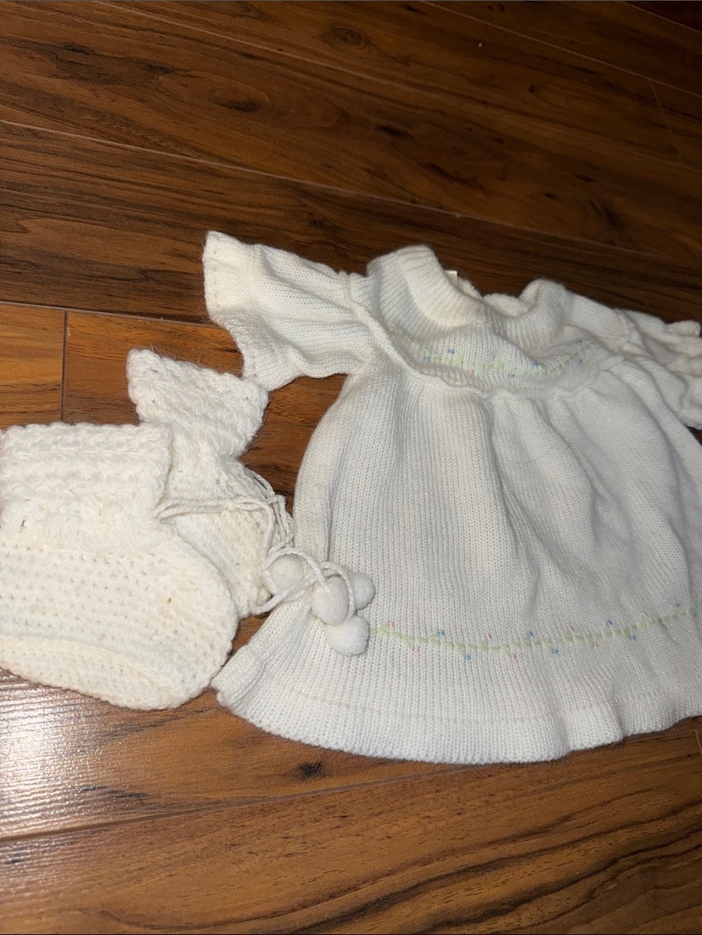 3-6m vintage White Knit Baby Dress with Matching Booties with pastel details